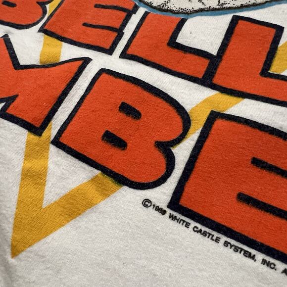 VTG White Castle Belly Bombers White Big Graphic 80s Cheeseburger T Shirt Sz L - Picture 4 of 6